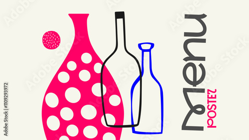 Abstract wine poster showcasing vibrant colors and outlined bottles with bold patterns, perfect for advertising creative events or wine sales.