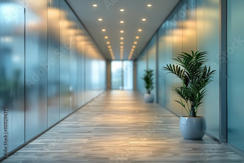 Empty hallway with frosted glass walls and potted plants.