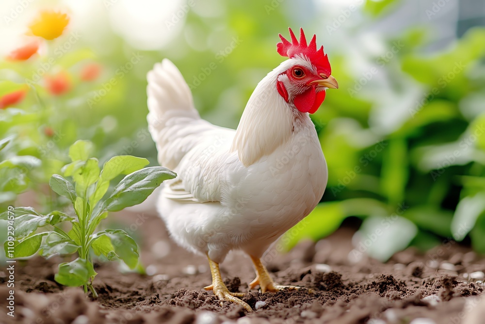 Fototapeta premium A vibrant white chicken roaming freely in a lush garden, showcasing its colorful features and natural environment.