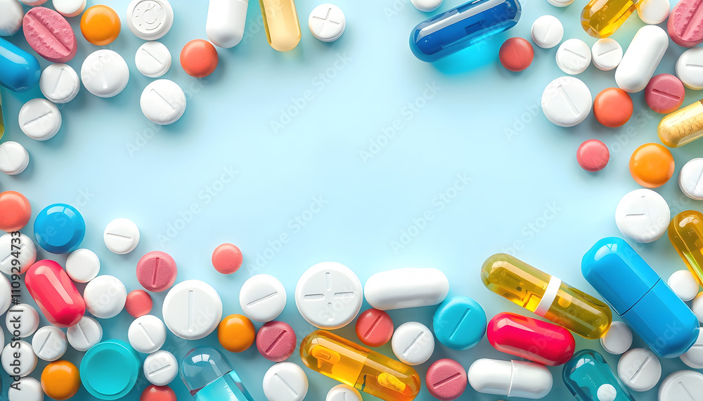 The medicine concept. Multicolored medicines background. Different remedy, pills, capsule, antibiotic and vitamin, panoramic banner with a white accent, png The medicine concept. Multicolored medicines background. Different remedy, pills, capsule, antibiotic and vitamin, panoramic banner with a white accent, png