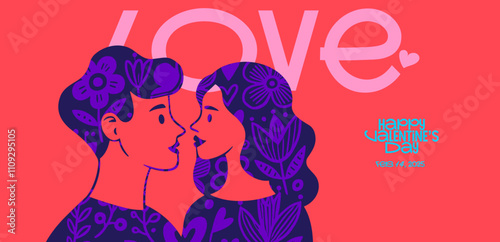 Vibrant Valentine's poster featuring a couple in love with bold floral patterns, a playful "love" typography, and creative elements for Feb 14 celebration.