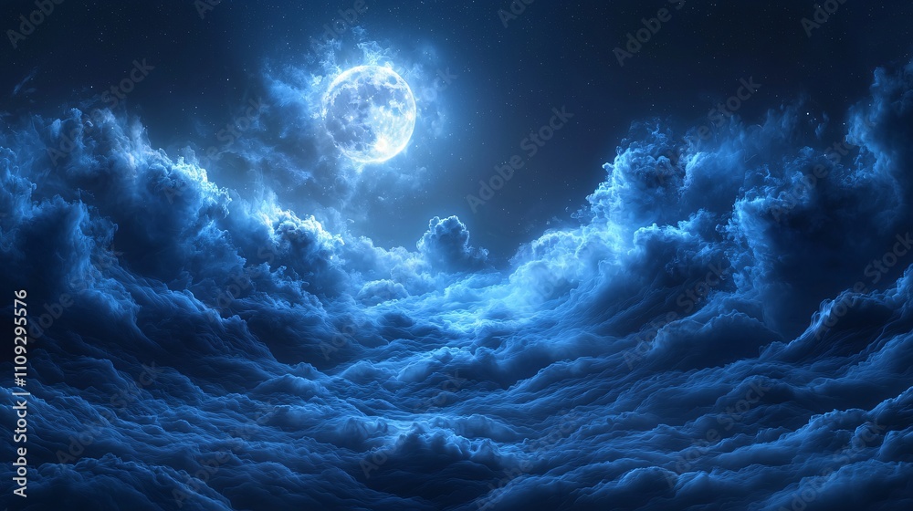Fototapeta premium Moonlight brilliantly illuminates clouds, creating a mystical atmosphere at night