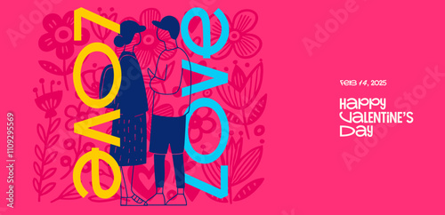 Playful Valentine's poster featuring a couple surrounded by pink floral motifs, bold LOVE typography, and festive elements for Feb 14 celebrations.