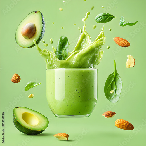 Fresh Green Smoothie Splash with Avocado and Nut. Avocado and Almond Smoothie Splash.