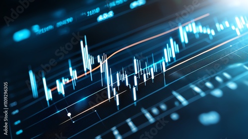 A close-up view of a digital stock market graph monitor displaying financial data trends. The colorful lines and bars represent real-time analytics of market performance.