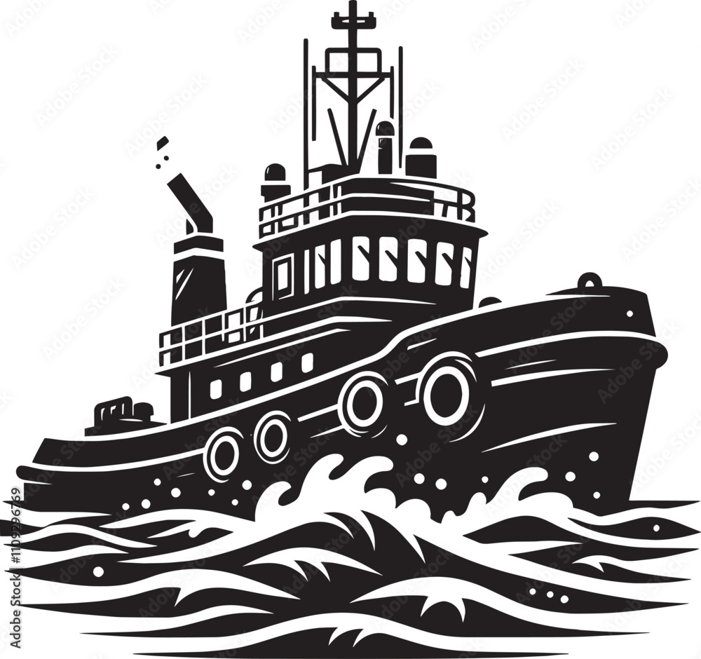 Tug boat ship silhouette vector illustration isolated on a white background Tug boat ship silhouette vector illustration isolated on a white background
