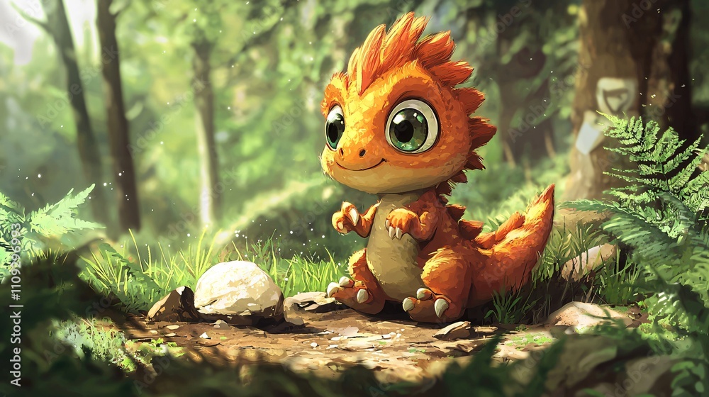 Obraz premium Cute baby dinosaur mascot in a vibrant forest setting, showcasing playful charm and creativity