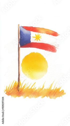 Wallpaper Mural A watercolor illustration of the Philippine flag, featuring red, blue, and white colors with a sun and stars, set against a grassy background. Torontodigital.ca