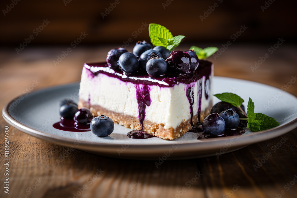 blueberry cheesecake on a plate with a wooden table background blueberry cheesecake on a plate with a wooden table background