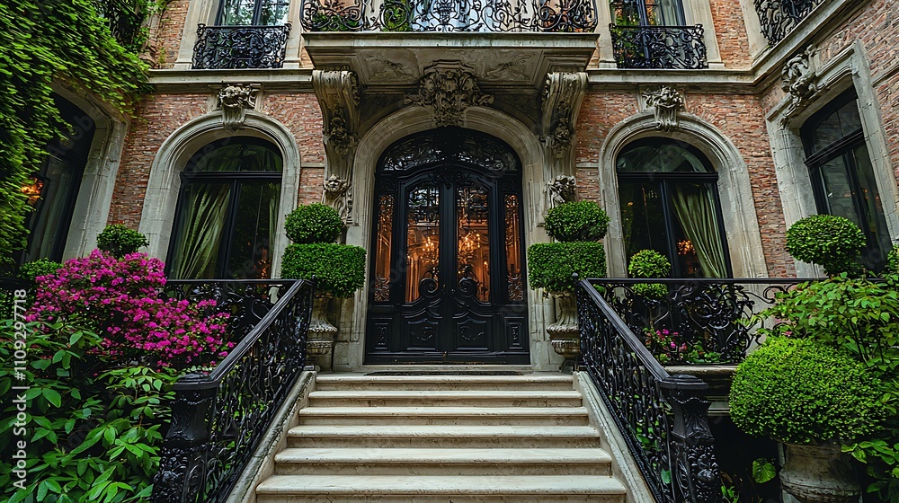 Fototapeta premium A grand entrance to a stately home with ornate details and lush greenery.