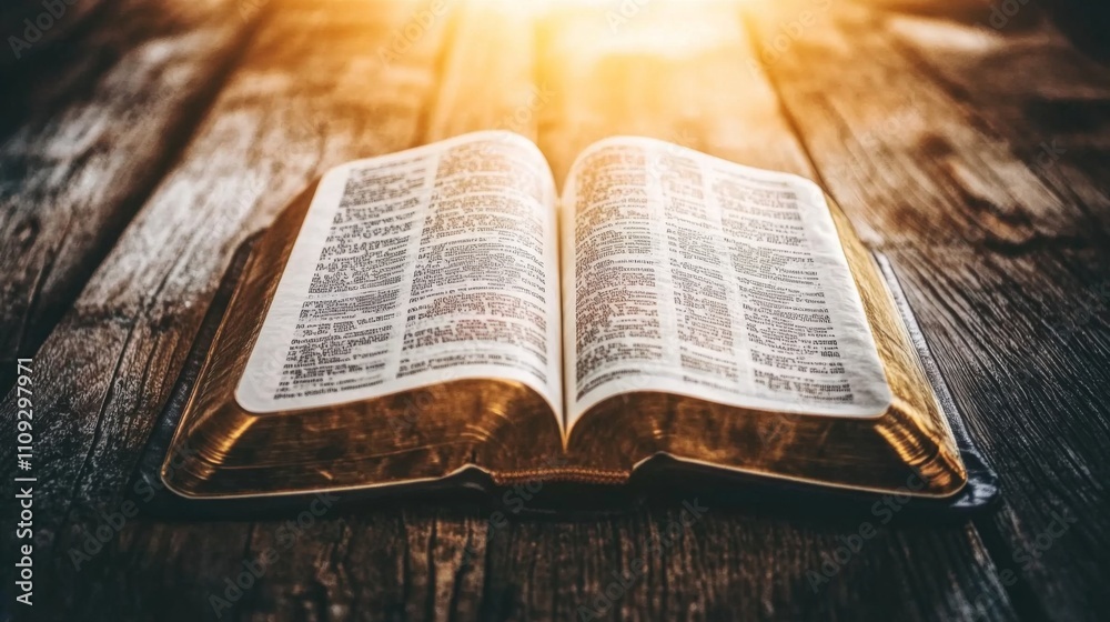 Fototapeta premium Close-up of open Bible on wooden table, sunlight illuminating sacred text, serene contemplative scene with ample copy space for text or design. 
