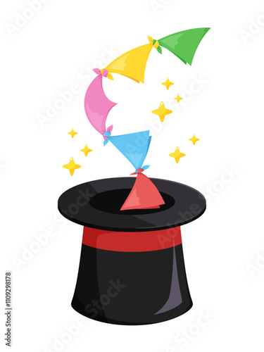 手品でシルクハットから飛び出すハンカチのイラスト