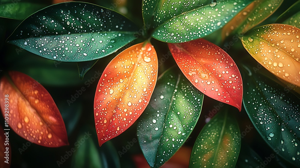 Fototapeta premium Close-up of green, orange and red leaves with water droplets.