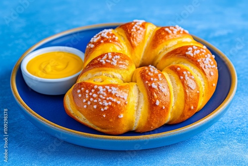 A freshly baked pretzel with coarse salt sprinkled on top, served with a side of spicy mustard photo