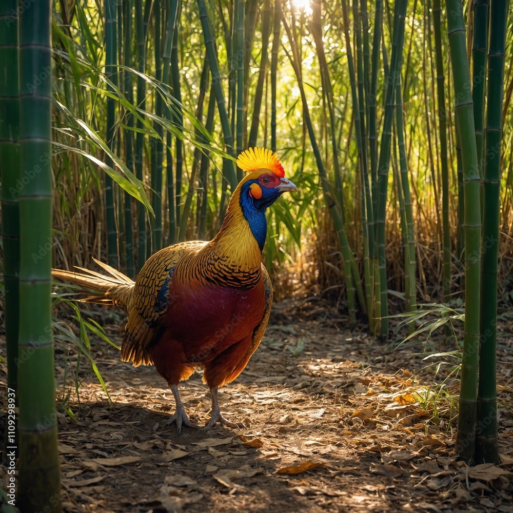 Fototapeta premium A golden pheasant strutting through a bamboo forest with sunlight filtering through the leaves.