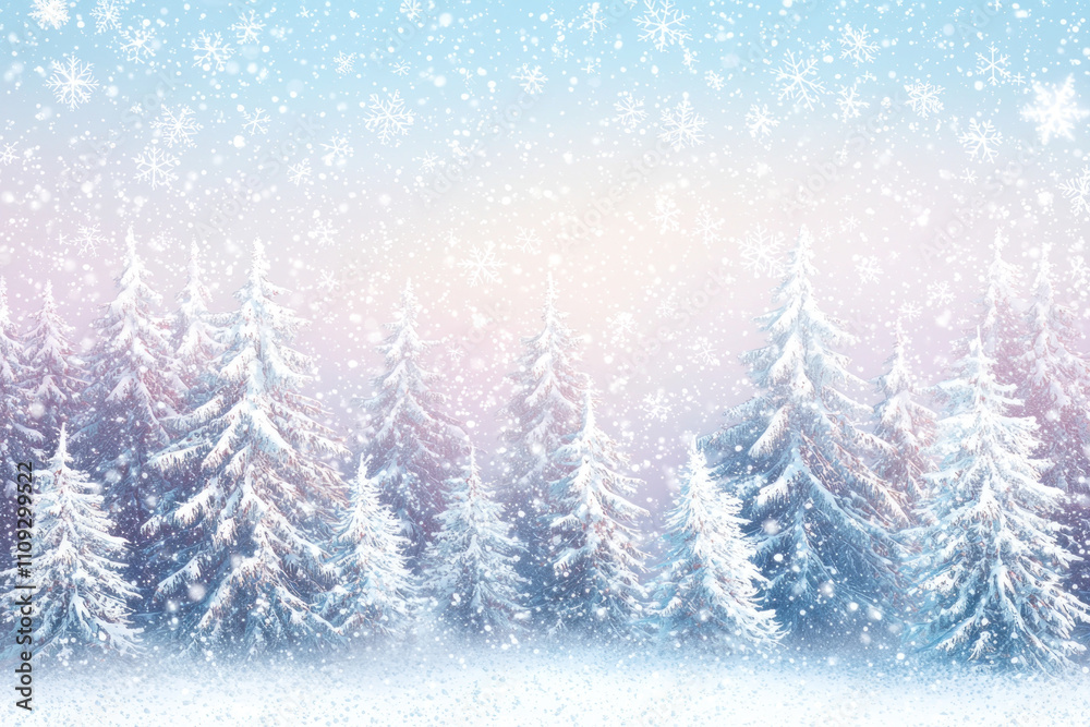 Obraz premium Snowy winter wonderland forest scene with falling snowflakes.
