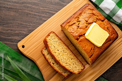 A loaf of banana bread, sliced and served with a pat of melting butter and a side of tea on a cozy breakfast table