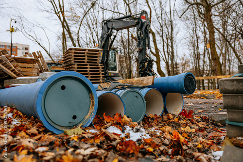 Plastic pipe for wastewater and water piping lies on the construction site. High quality photo