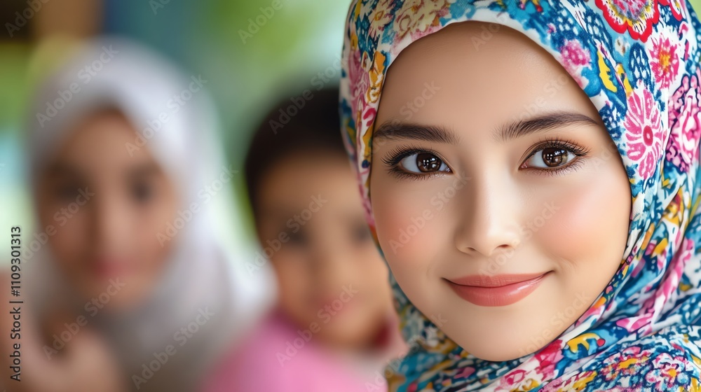 Obraz premium Portrait of a smiling woman in a colorful hijab, showcasing beauty and cultural diversity with soft background and bright expressions.