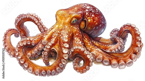 Detailed illustration of a large, reddish-brown octopus with eight arms, suckers, and speckled skin against a white background. photo