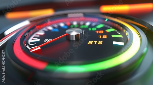 A close-up of a speedometer displaying various speed readings with colorful indicators. photo