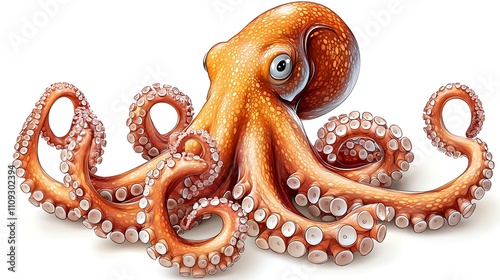 Detailed illustration of an orange octopus with eight tentacles, suckers, and expressive eyes against a white background. photo