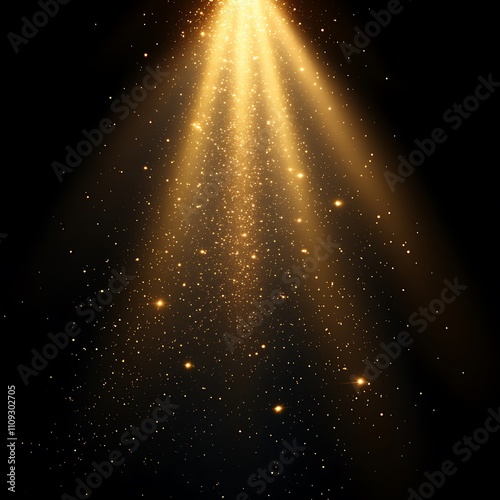 The effect of a bright golden flash of light on a Black background with rays and glare. Light yellow light blur effect