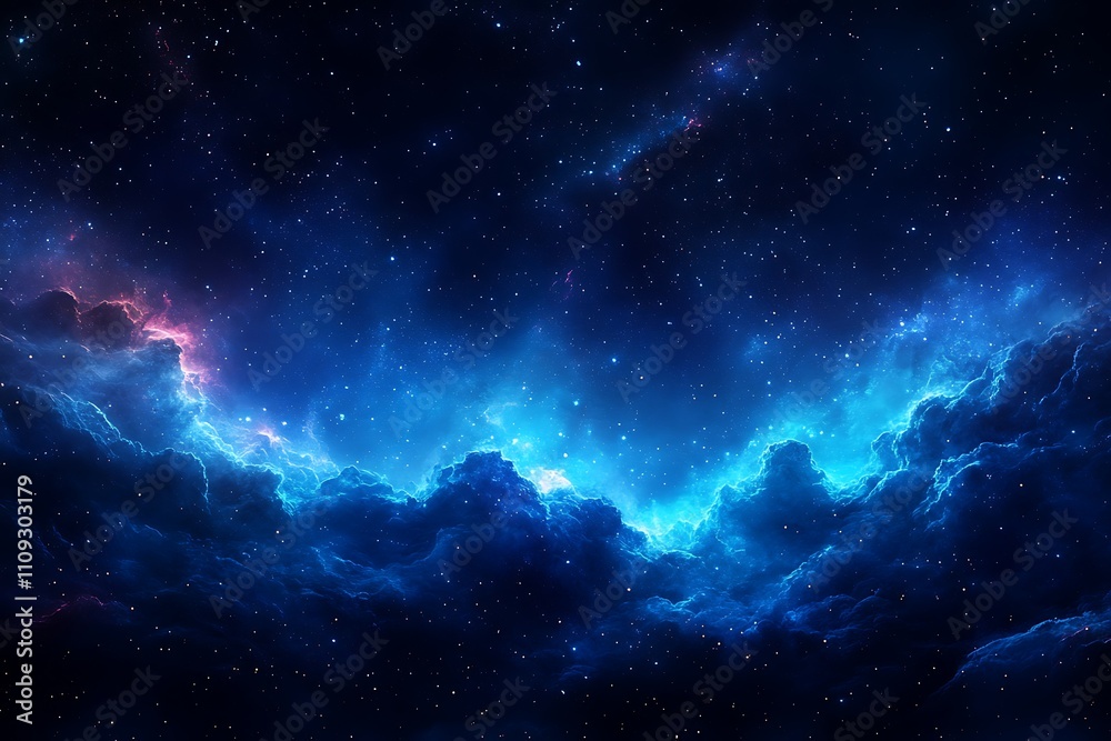 Obraz premium Panorama blue night sky milky way and star on dark background.Universe filled with stars, nebula and galaxy with noise and grain.Photo by long exposure and select white balance.Dark night sky.