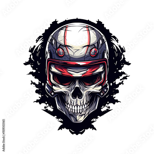 A stylized illustration depicts a skull wearing a futuristic helmet with red and white accents against a dark background. photo