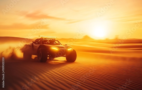 Dune Buggy with Lightsabers Driving Through Desert at Sunset. AI generated illustration photo