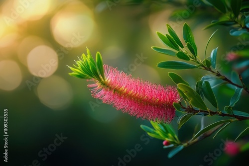 Closeup of blooming Crimson Bottlebrush tree with pink brush like flowers photo