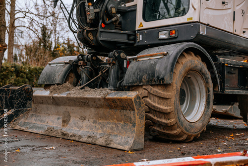 Modern excavator with a blade and pipe at a construction site on an overcast day. High quality photo photo