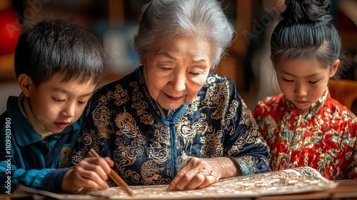 A loving grandmother teaches her young grandchildren painting techniques on a traditional scroll, fostering warmth, tradition, and skill in a culturally rich setting. photo