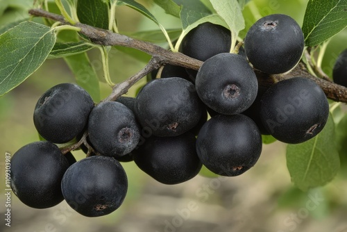 Compact grouping of ripe black huckleberries on tree stems at a San Antonio farm edible blue black fruit on a leafy shrub Vaccinium USA photo