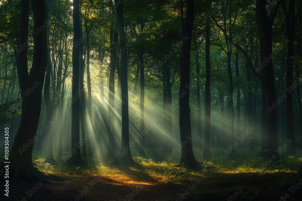 Fototapeta premium The forest is full of trees and the sun is shining through the leaves