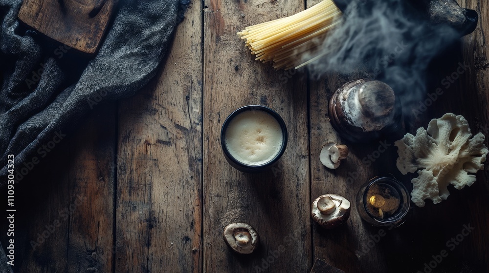 Italian pasta & mushroom sauce over wood