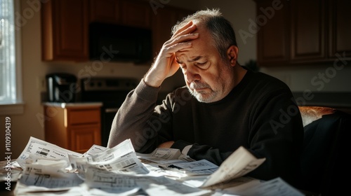 An anxious man is seen stressed and overwhelmed by piles of bills and paperwork in a dimly lit home setting, illustrating financial burden and responsibility. photo