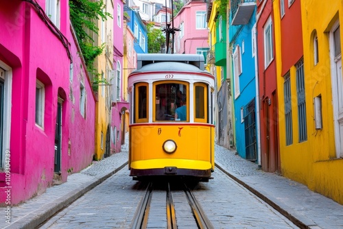 A realistic photo of a tram winding through an old city street lined with colorful, historic buildings