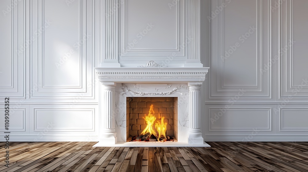 Naklejka premium A cozy fireplace in a stylish interior, featuring elegant white molding and a warm flame.