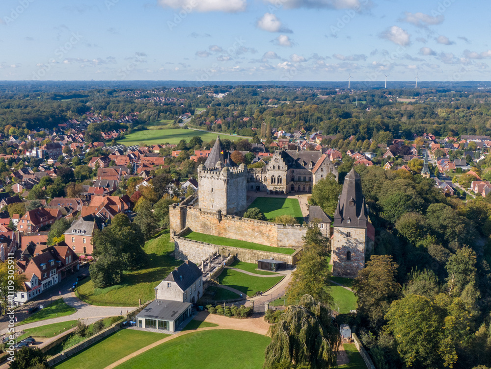 Aerial view of the Bad Bentheim castle and town, Germany