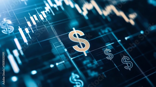 A digital visualization of stock market trends featuring dollar signs and fluctuating graphs, illustrating financial growth and investment opportunities in the modern economy. photo