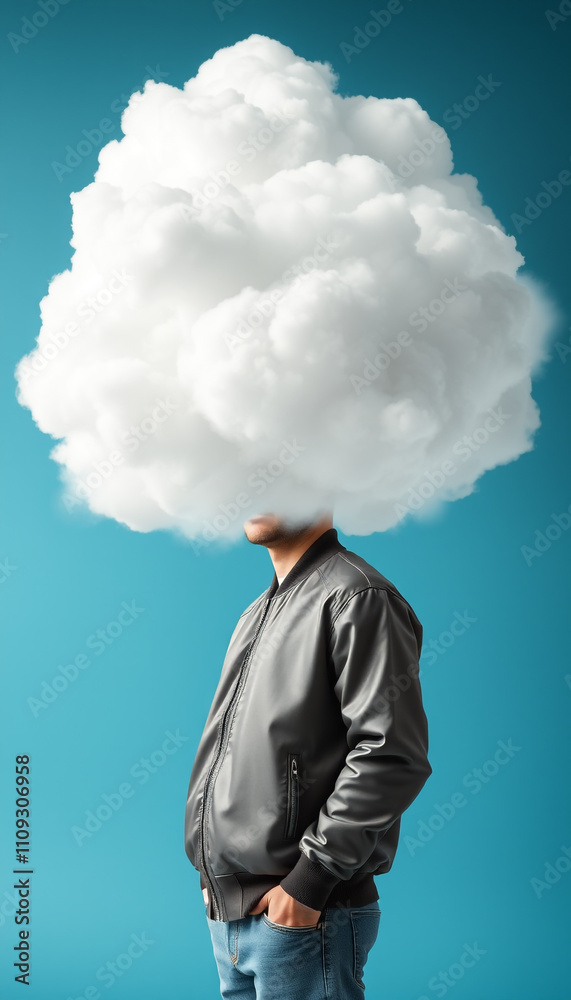Surreal illustration of a person with a cloud on head, state of mind concept Surreal illustration of a person with a cloud on head, state of mind concept