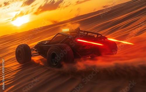 Dune Buggy with Lightsabers Driving Through Desert at Sunset. AI generated illustration photo