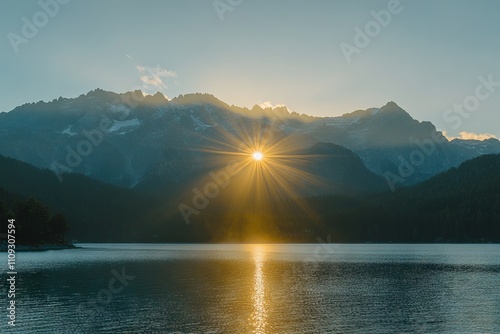 Sunrise Over Eibsee Lake with Majestic Mountains in the Background, AI generated illustration photo