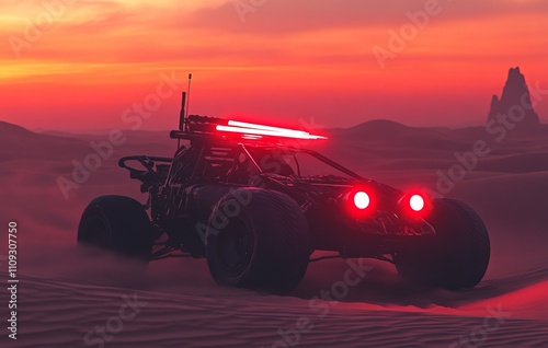 Dune Buggy with Lightsabers Driving Through Desert at Sunset. AI generated illustration photo