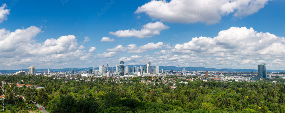 Aerial panorama of Frankfurt skyline with mountains in the background