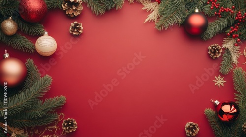 Evergreen branches, pine cones, and ornaments frame a red background, creating a classic and warm holiday atmosphere perfect for seasonal celebrations.