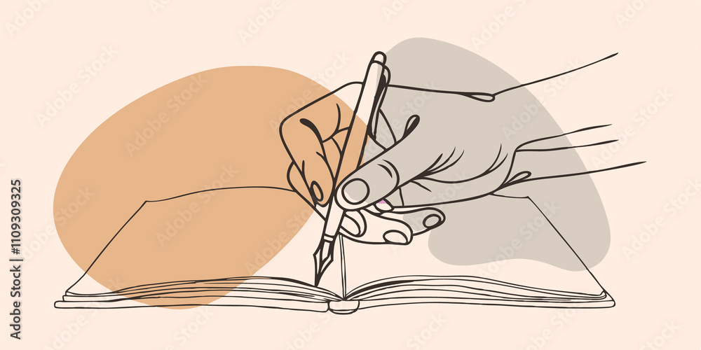 Obraz premium Inspiration from Nature A closeup of the journalists hands gripping a fountain pen with a few ink blots dotting the page. In the background glistening droplets from the fountain