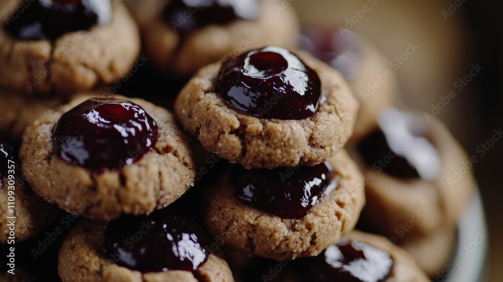 A tempting close-up of stacked cookies, showcasing their glossy jam centers; perfect for conveying a warm, inviting, and indulgent culinary scene. A tempting close-up of stacked cookies, showcasing their glossy jam centers; perfect for conveying a warm, inviting, and indulgent culinary scene.