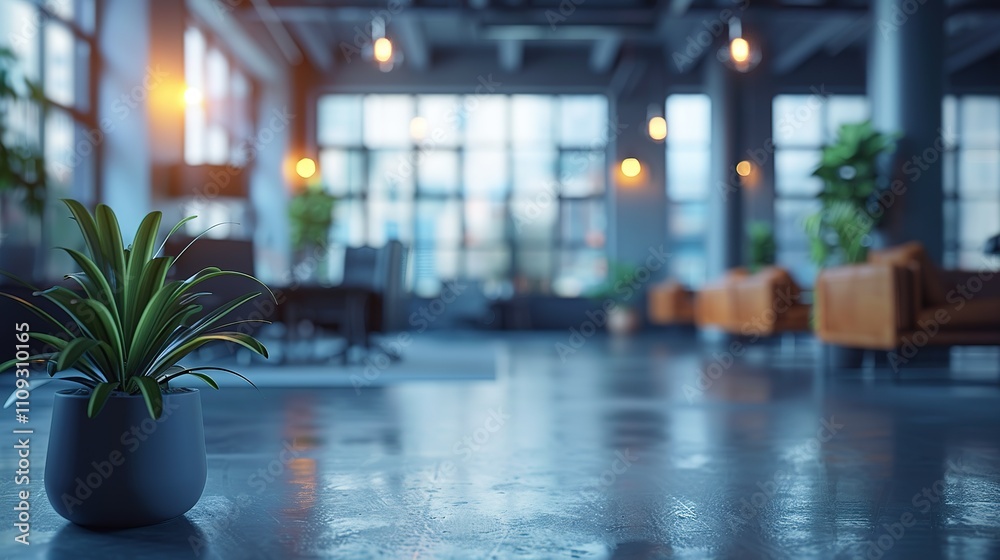 A potted plant sits in the foreground of a modern office space. A potted plant sits in the foreground of a modern office space.